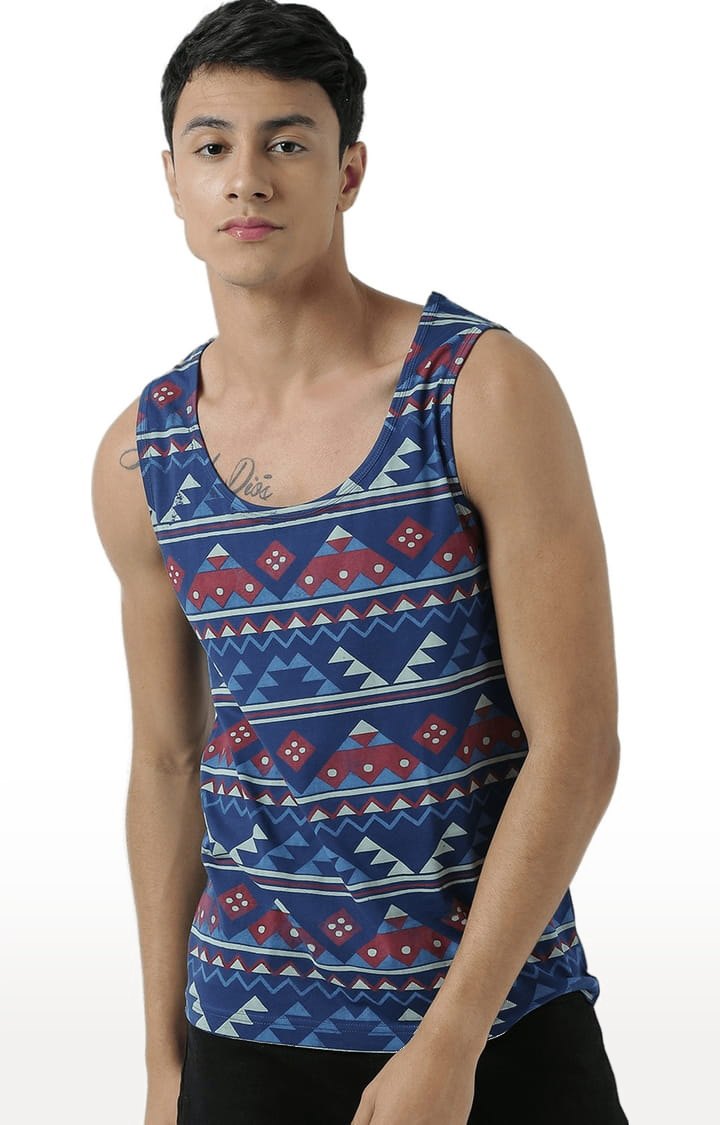 Men's Blue Cotton Printed Vest