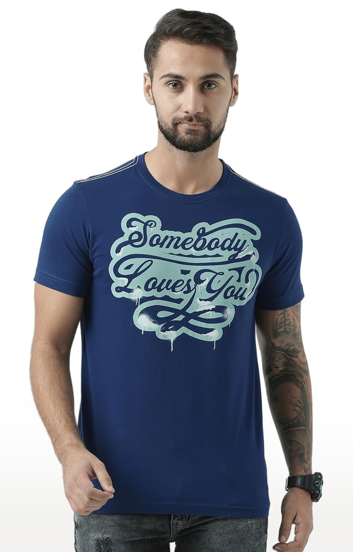 HUETRAP | Men's Navy Blue Cotton Typographic Printed Regular T-Shirt 0