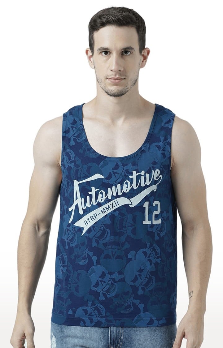 Men's Blue Cotton Printed Vest
