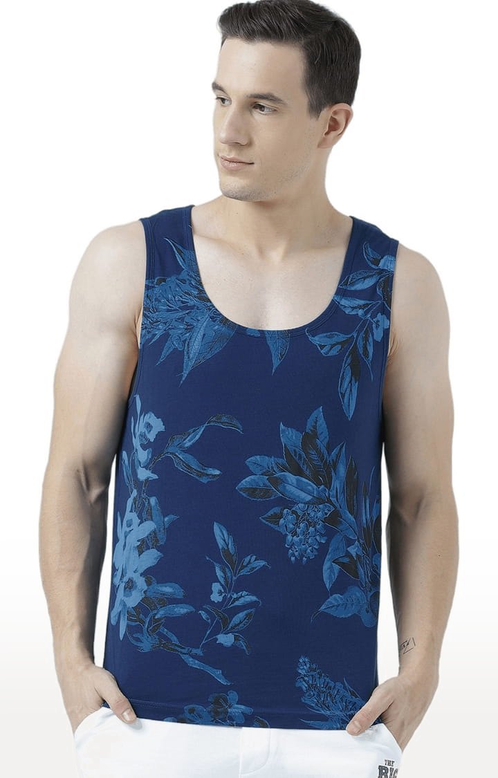 Men's Blue Cotton Printed Vest