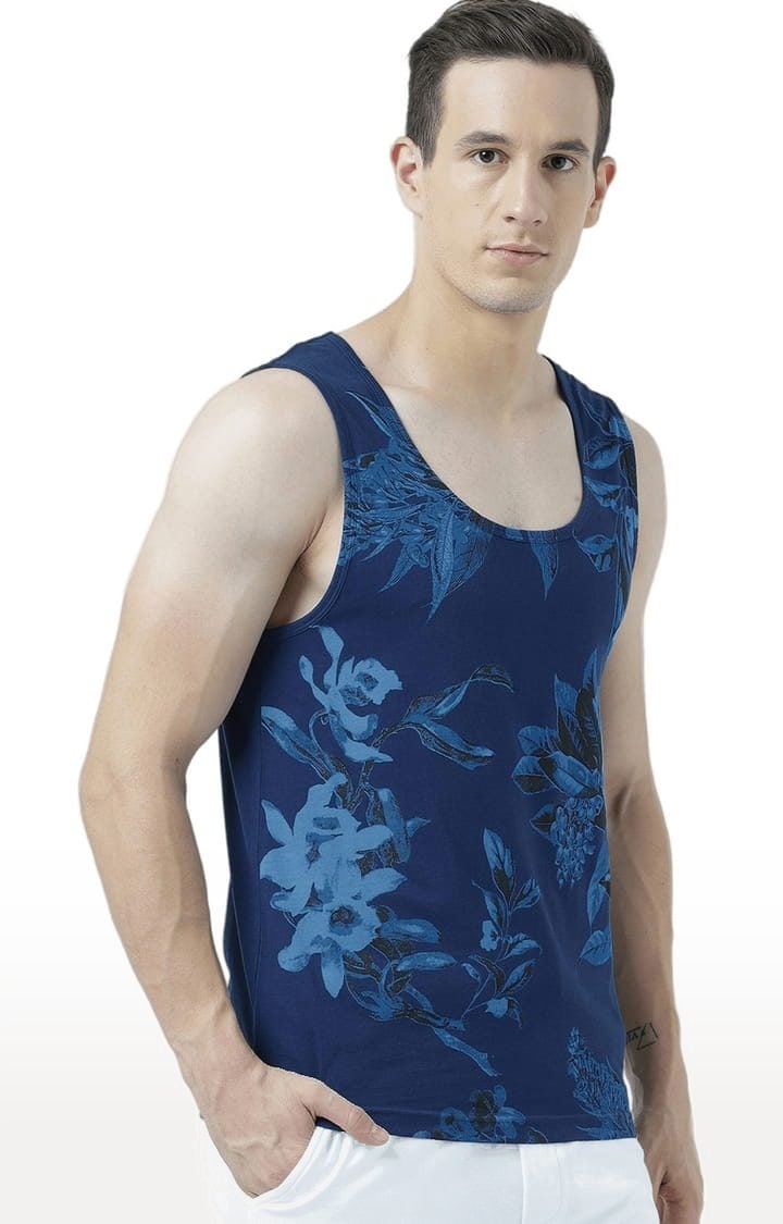 Men's Blue Cotton Printed Vest