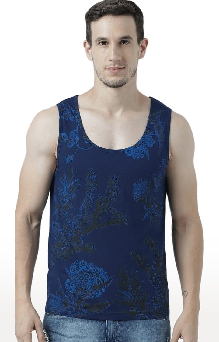 Men's Blue Cotton Printed Vest