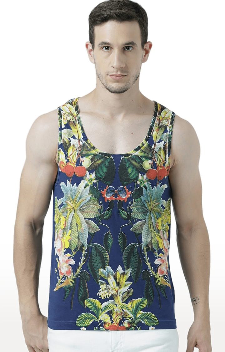 Men's Blue Cotton Printed Vest