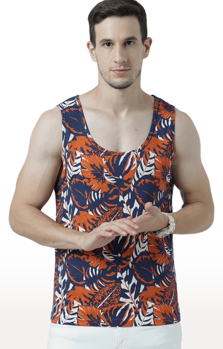 Men's Blue & Brown Cotton Printed Vest