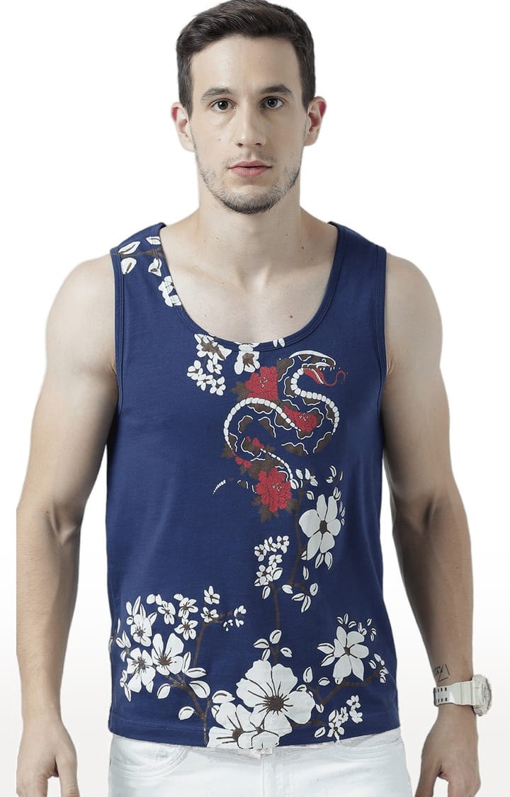 Men's Blue Cotton Printed Vest