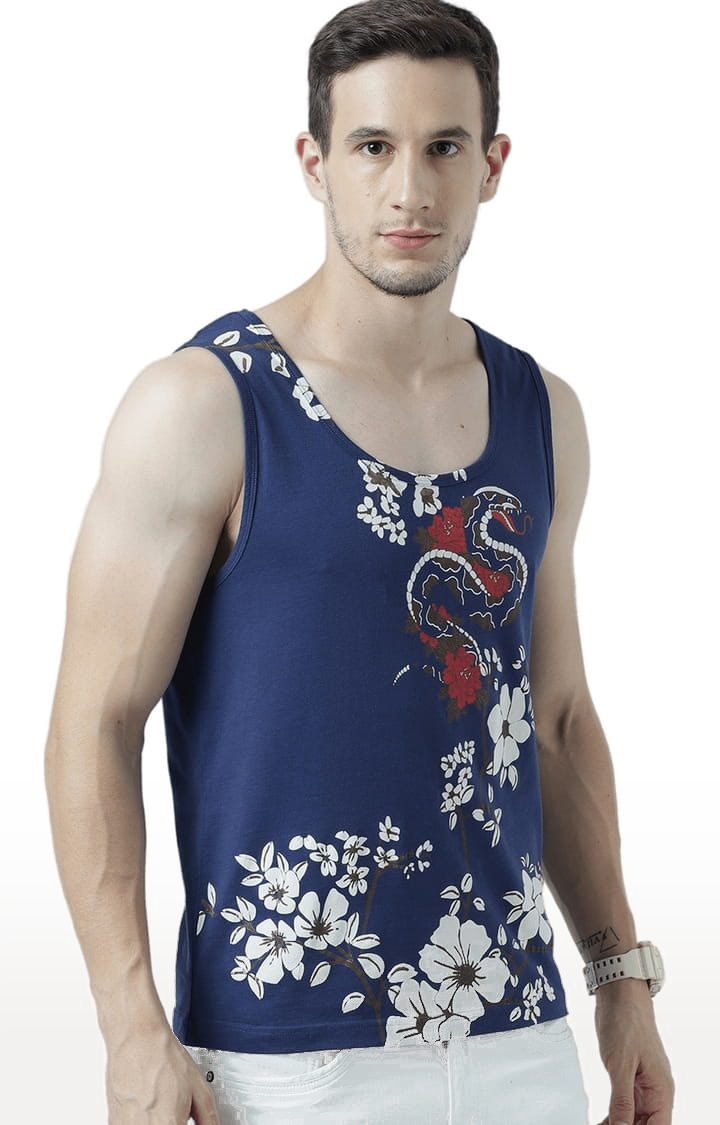 Men's Blue Cotton Printed Vest