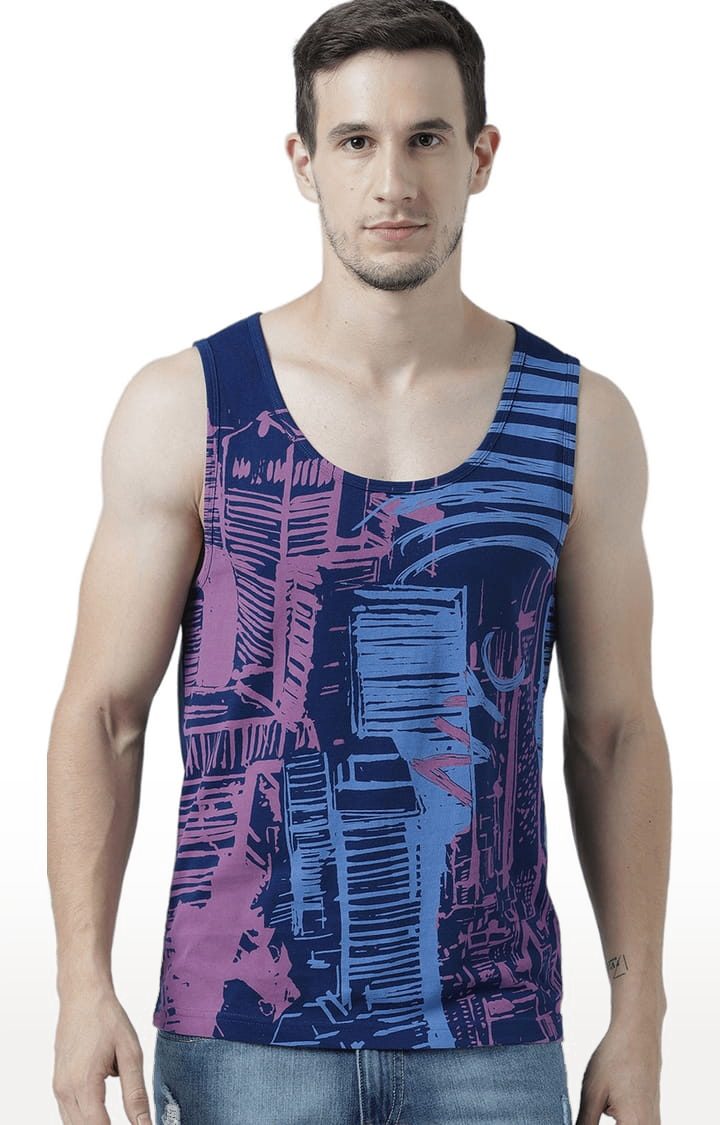 Men's Blue Cotton Printed Vest
