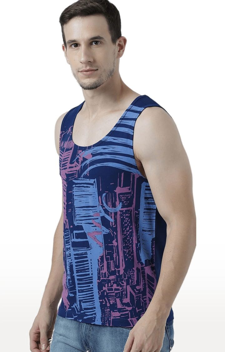 Men's Blue Cotton Printed Vest