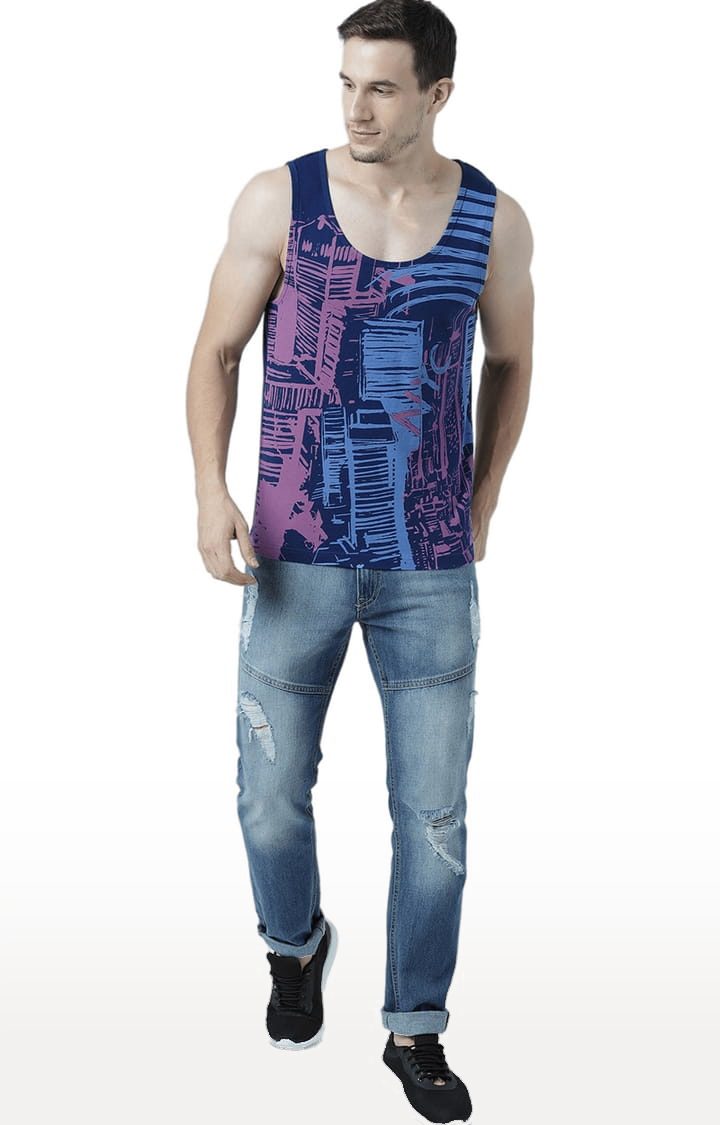 Men's Blue Cotton Printed Vest