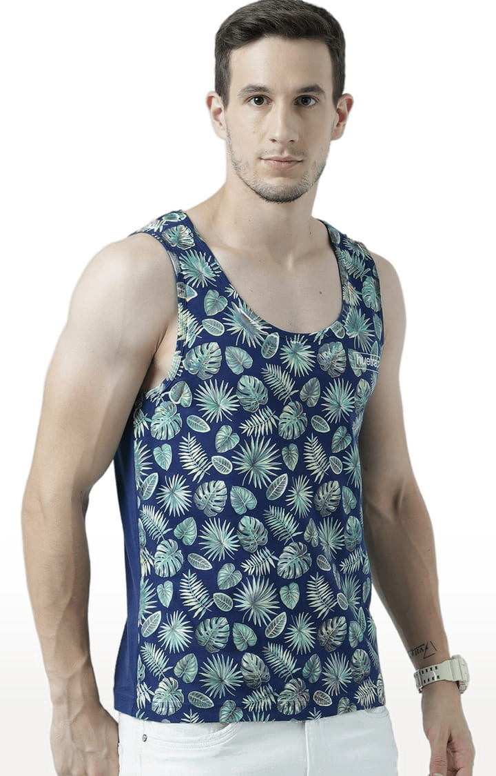 Men's Blue Cotton Printed Vest