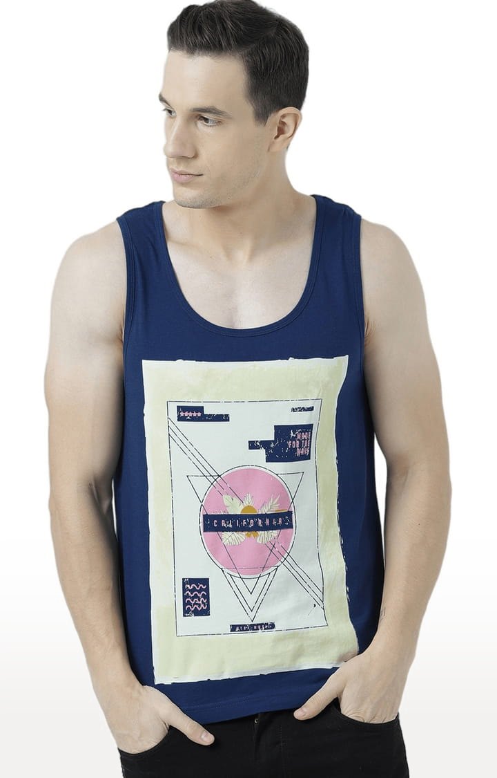 Men's Blue Cotton Printed Vest