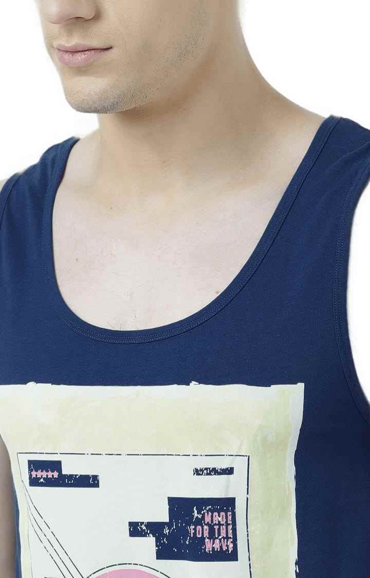 Men's Blue Cotton Printed Vest