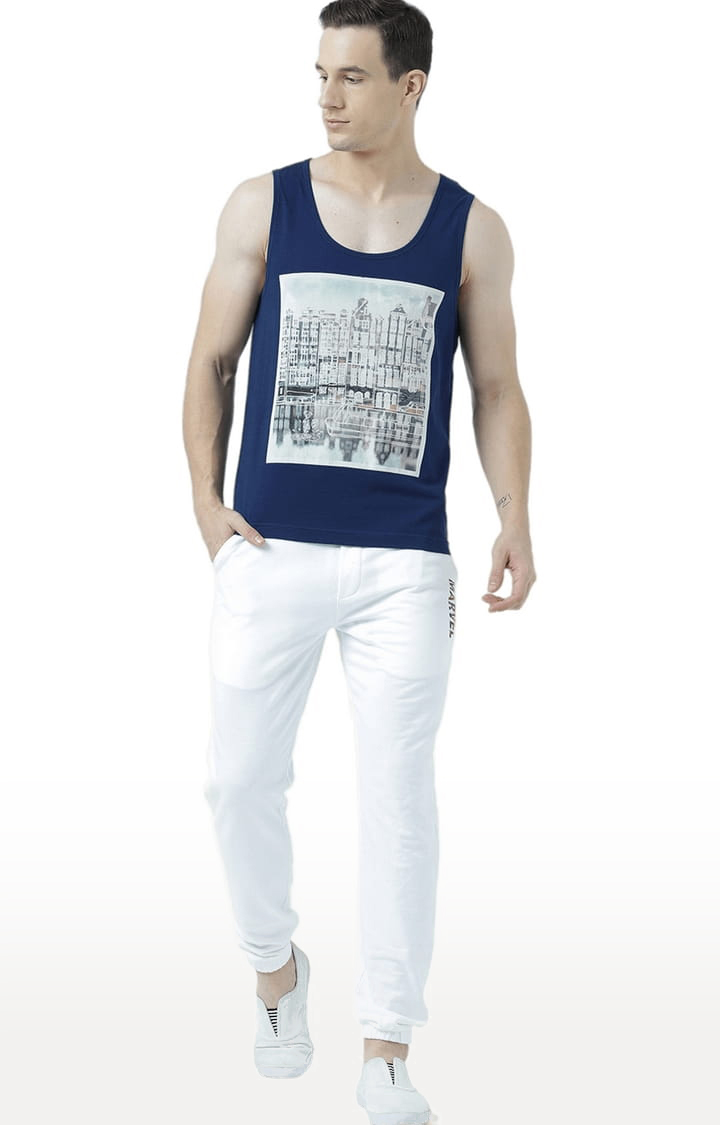 Men's Blue Cotton Printed Vest