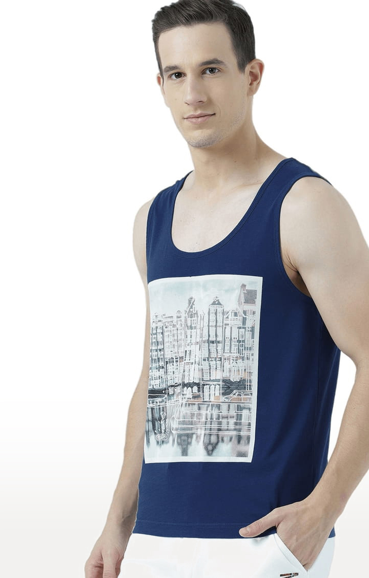 Men's Blue Cotton Printed Vest