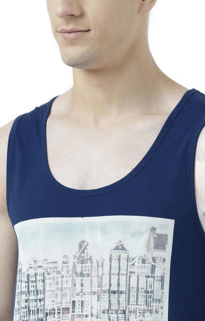 Men's Blue Cotton Printed Vest