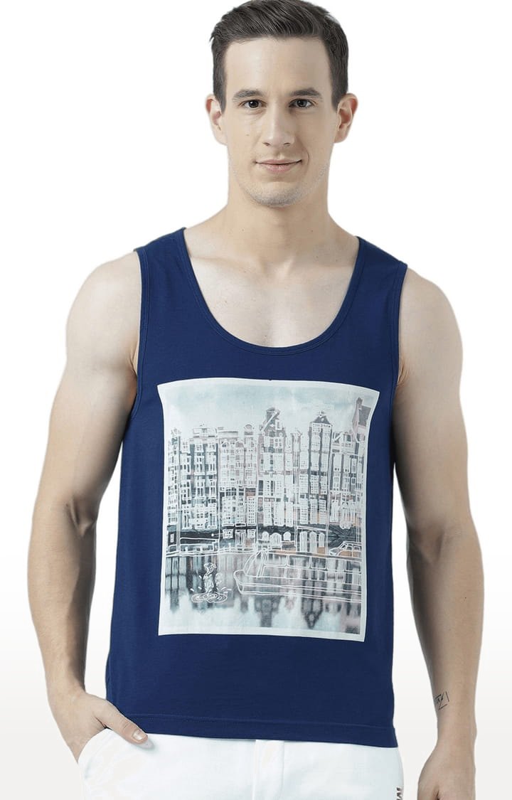 Men's Blue Cotton Printed Vest