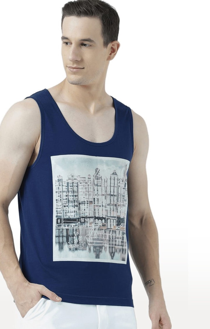 Men's Blue Cotton Printed Vest
