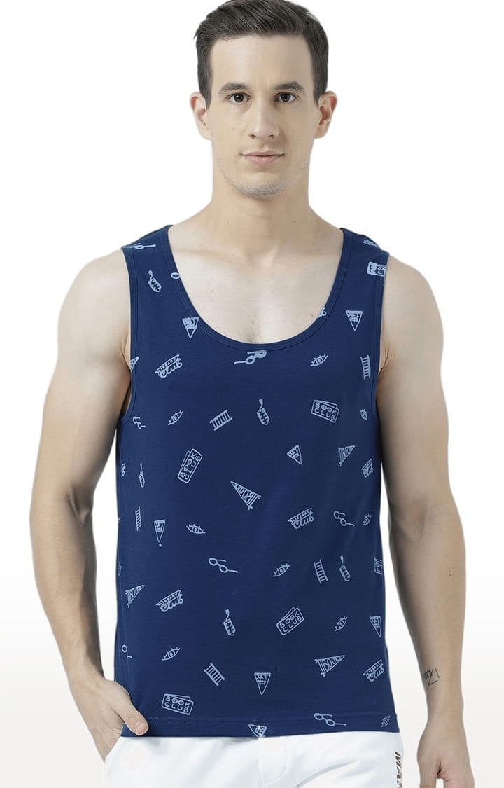 Men's Blue Cotton Printed Vest