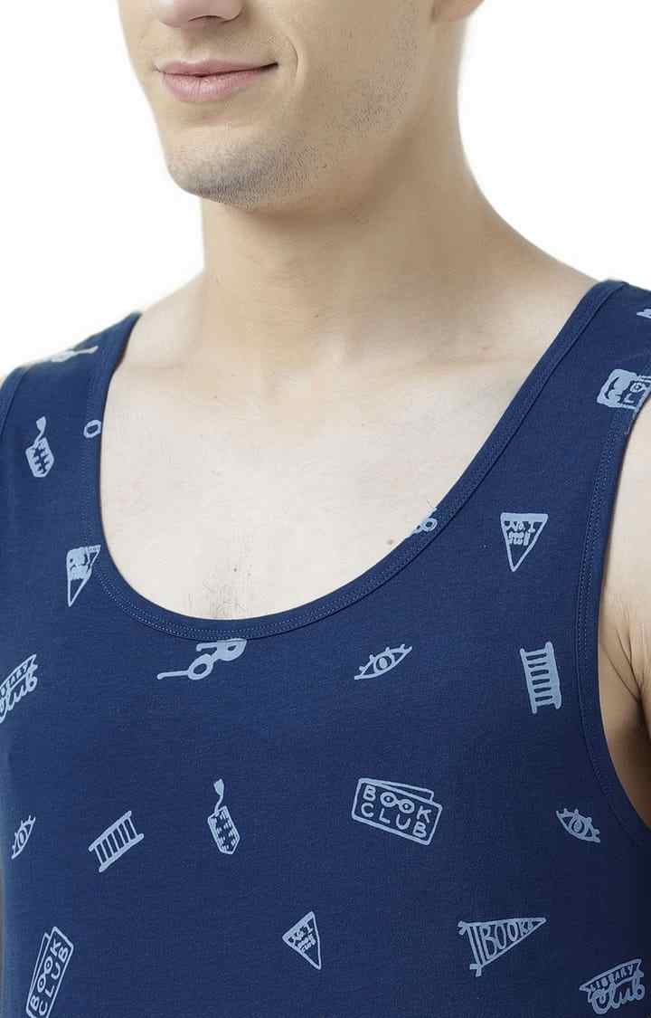 Men's Blue Cotton Printed Vest