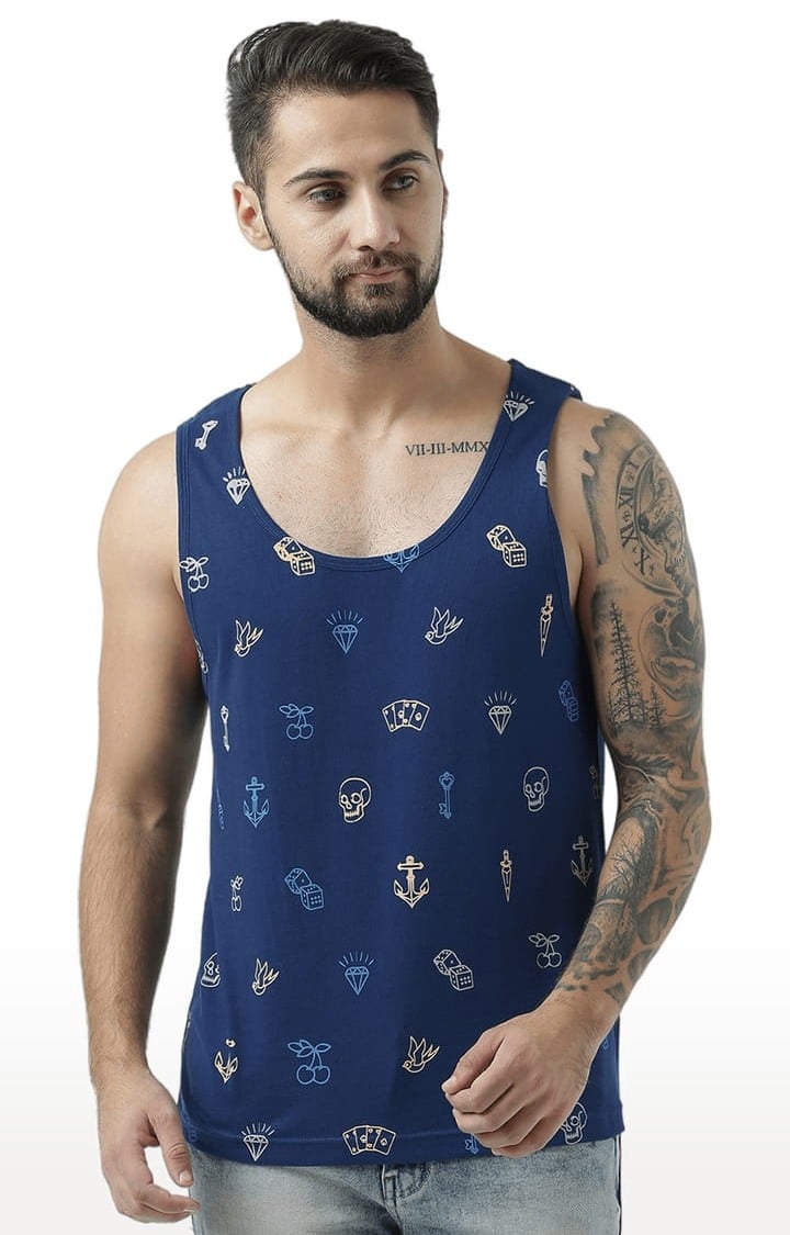 HUETRAP | Men's Blue Cotton Printed Vest