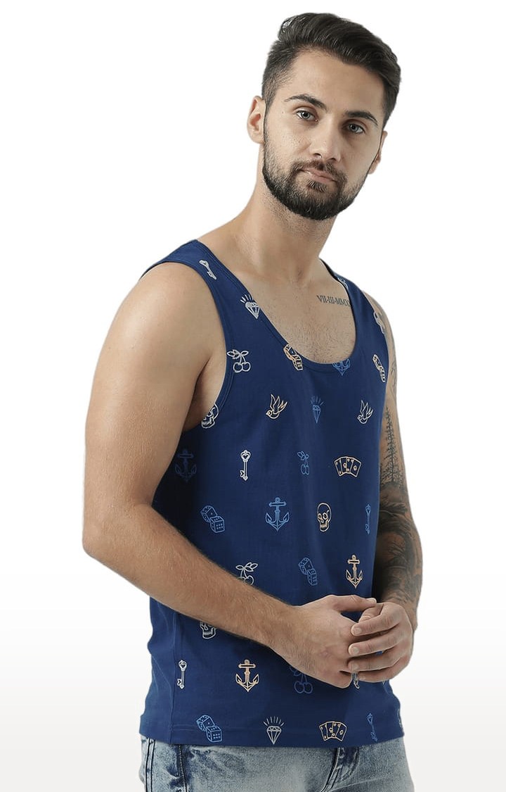 Men's Blue Cotton Printed Vest