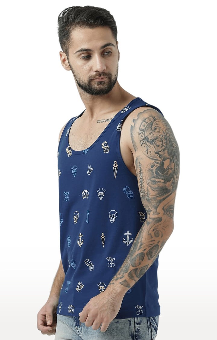 Men's Blue Cotton Printed Vest