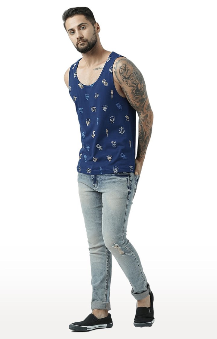 Men's Blue Cotton Printed Vest