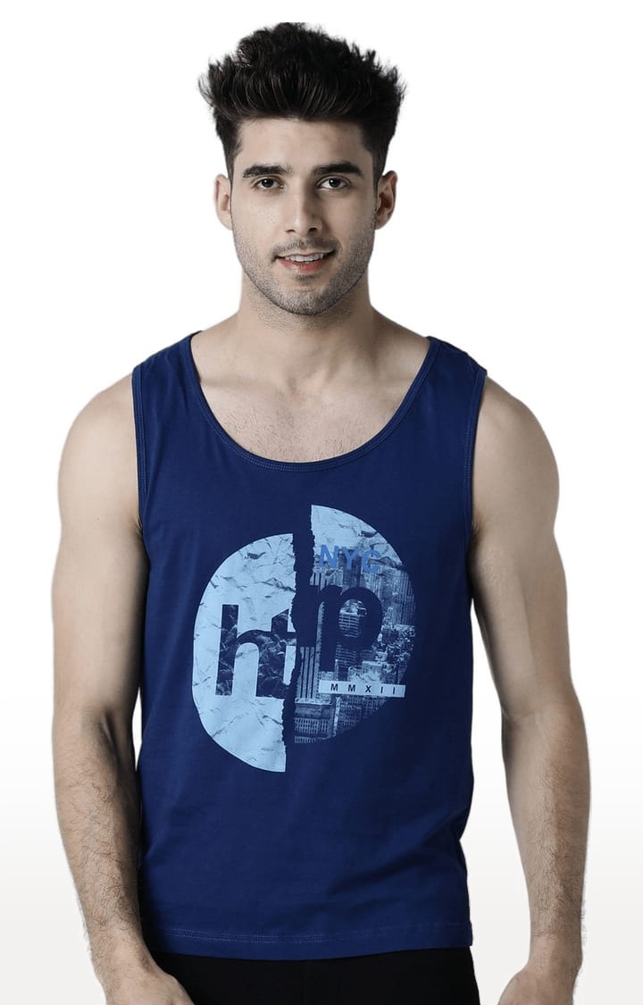 Men's Blue Cotton Printed Vest