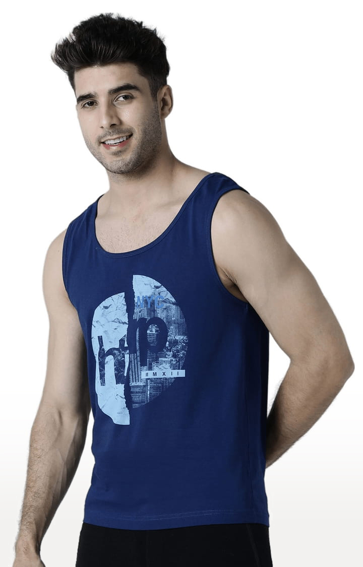 Men's Blue Cotton Printed Vest