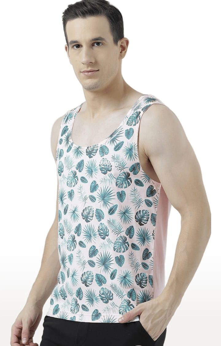Men's Light Pink & Green Cotton Printed Vest