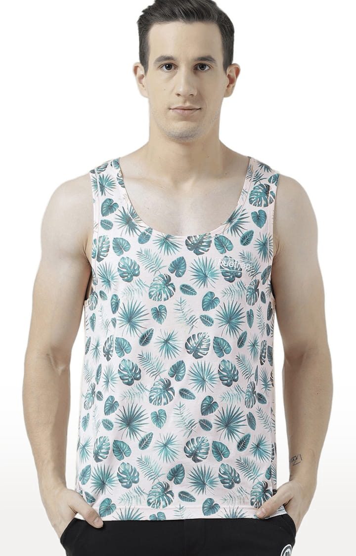 Men's Light Pink & Green Cotton Printed Vest