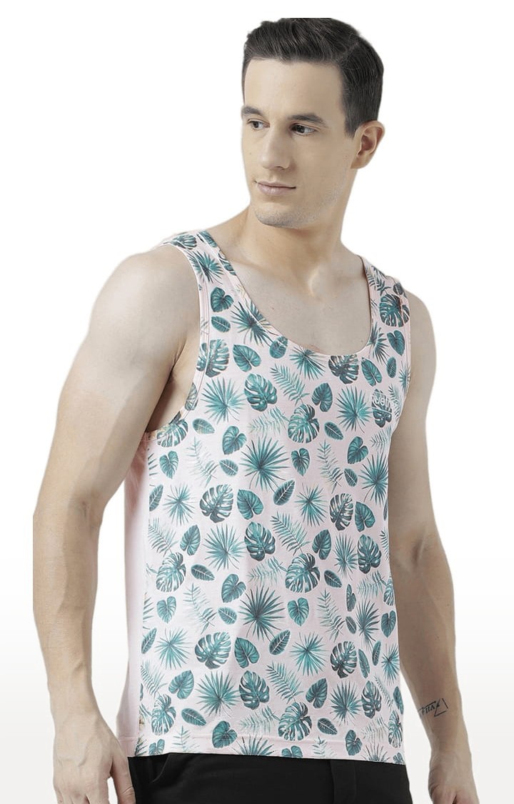 Men's Light Pink & Green Cotton Printed Vest