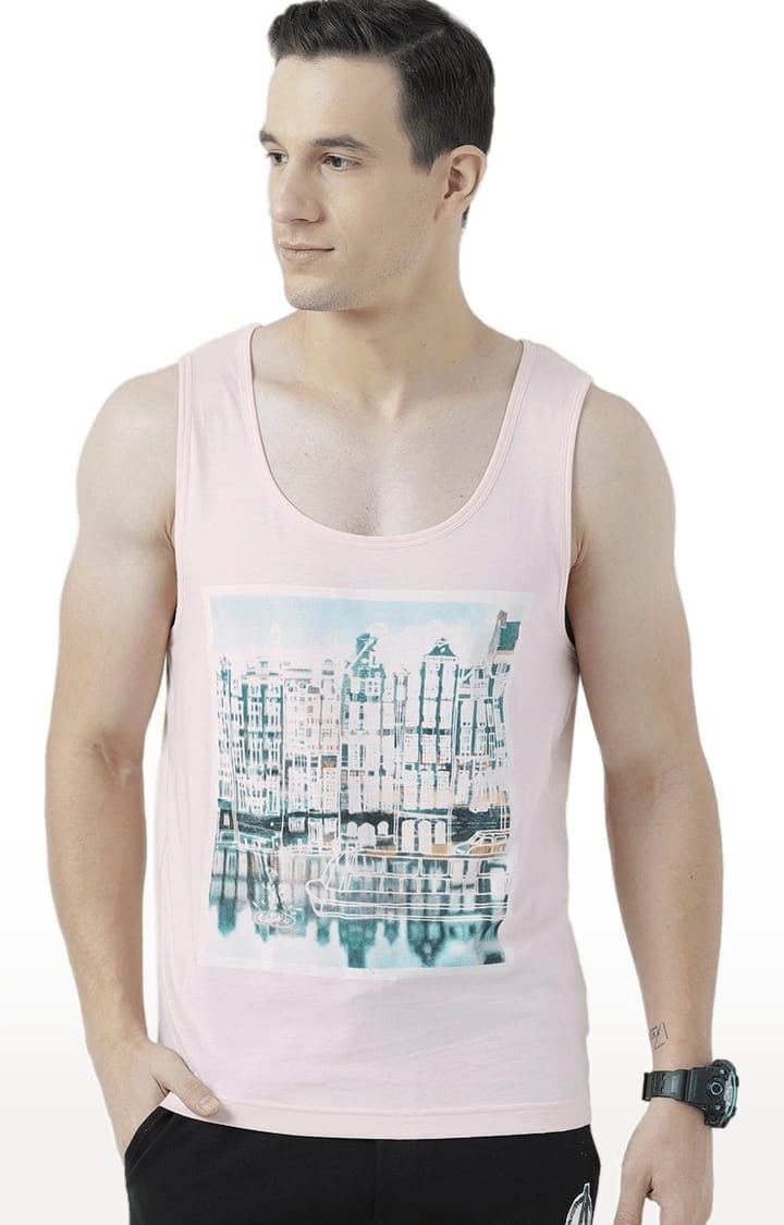 Men's Light Pink Cotton Printed Vest