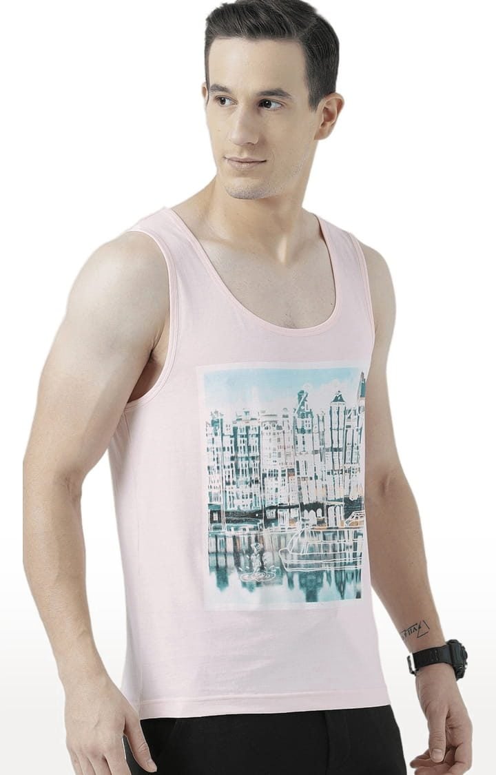 Men's Light Pink Cotton Printed Vest