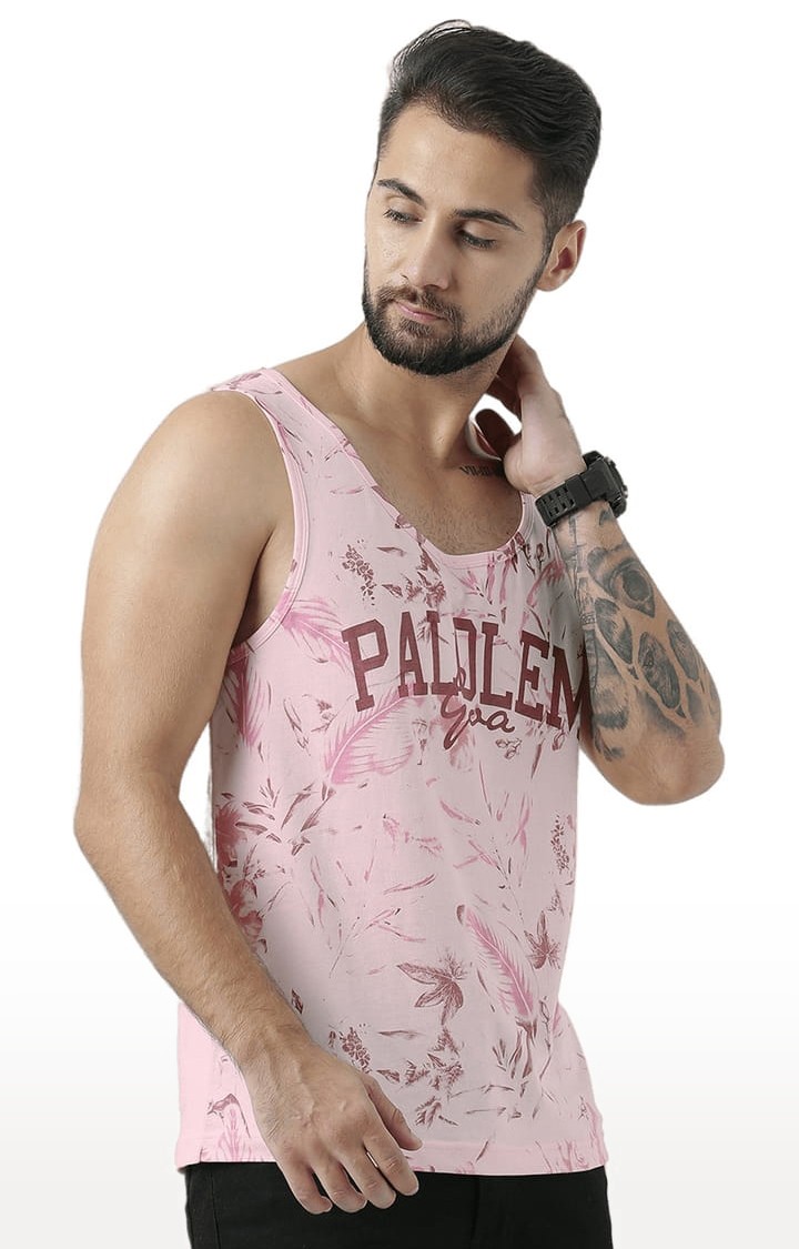 Men's Light Pink Cotton Typographic Printed Vest