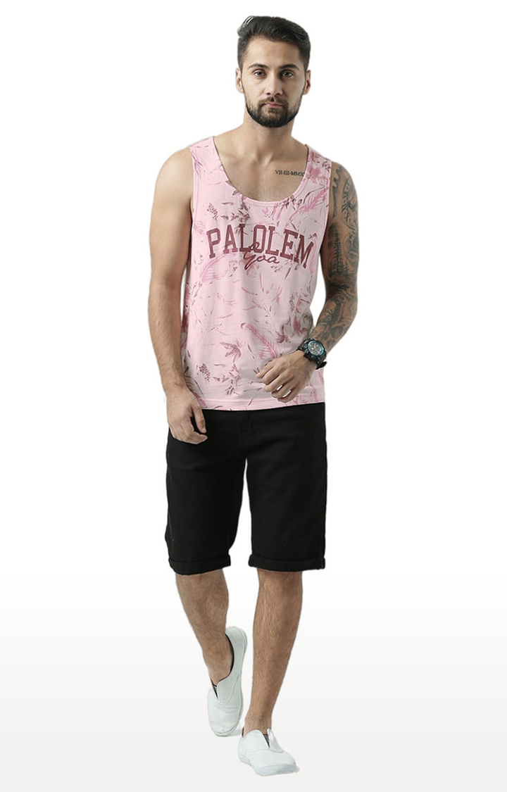 Men's Light Pink Cotton Typographic Printed Vest