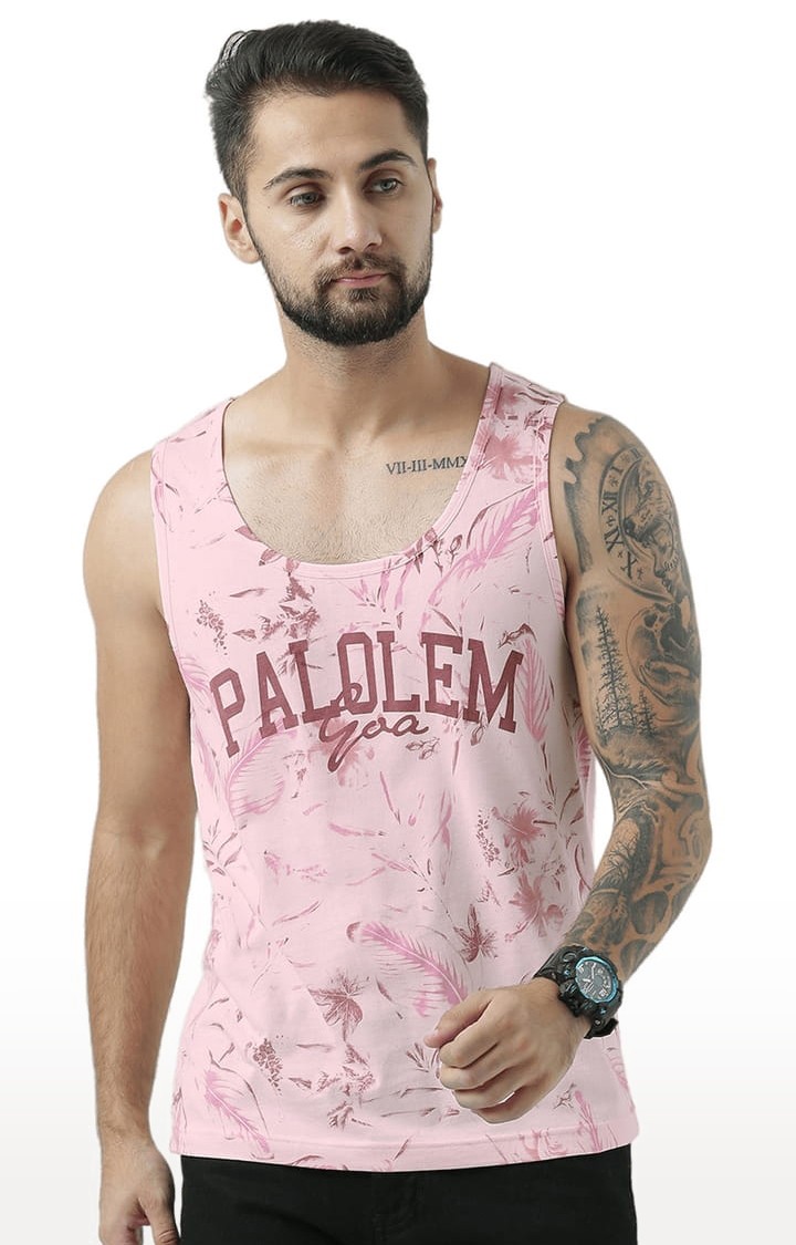 Men's Light Pink Cotton Typographic Printed Vest