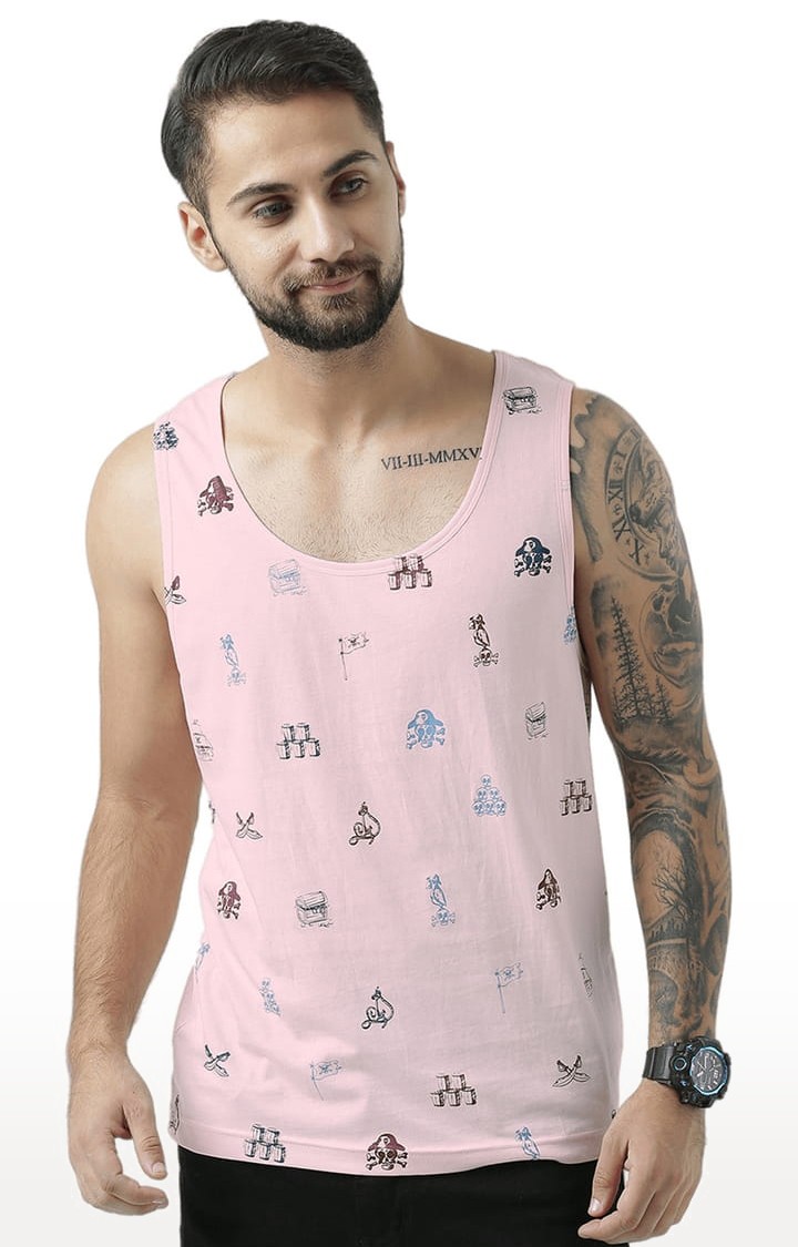 Men's Light Pink Cotton Printed Vest