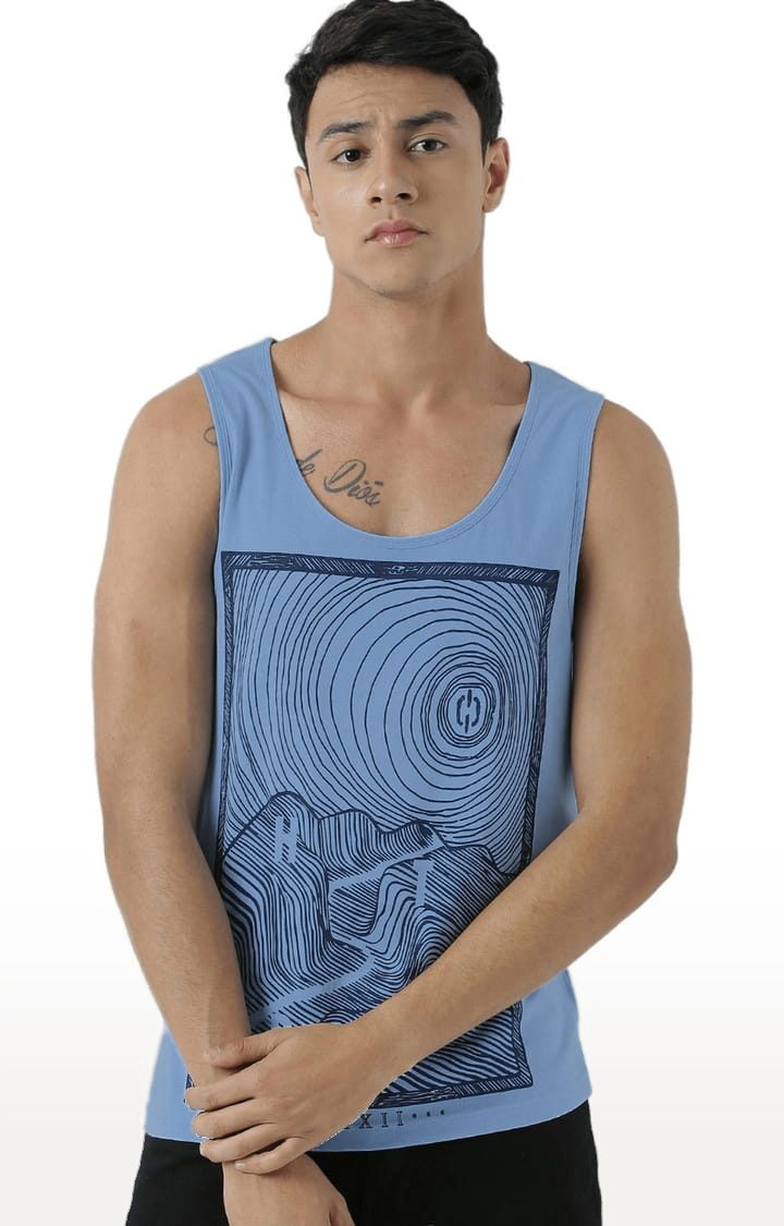 Men's Light Blue Cotton Printed Vest