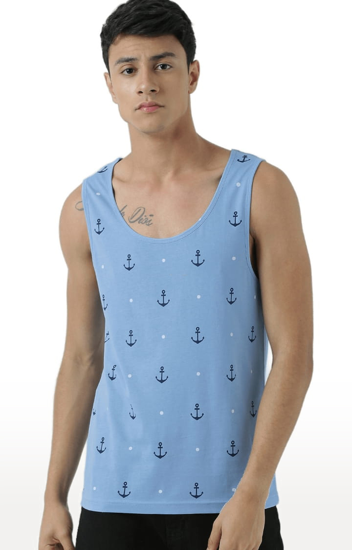 Men's Light Blue Cotton Printed Vest