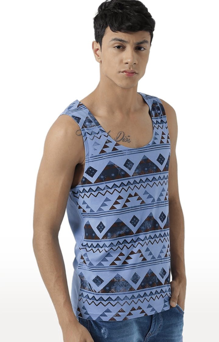 Men's Light Blue Cotton Printed Vest
