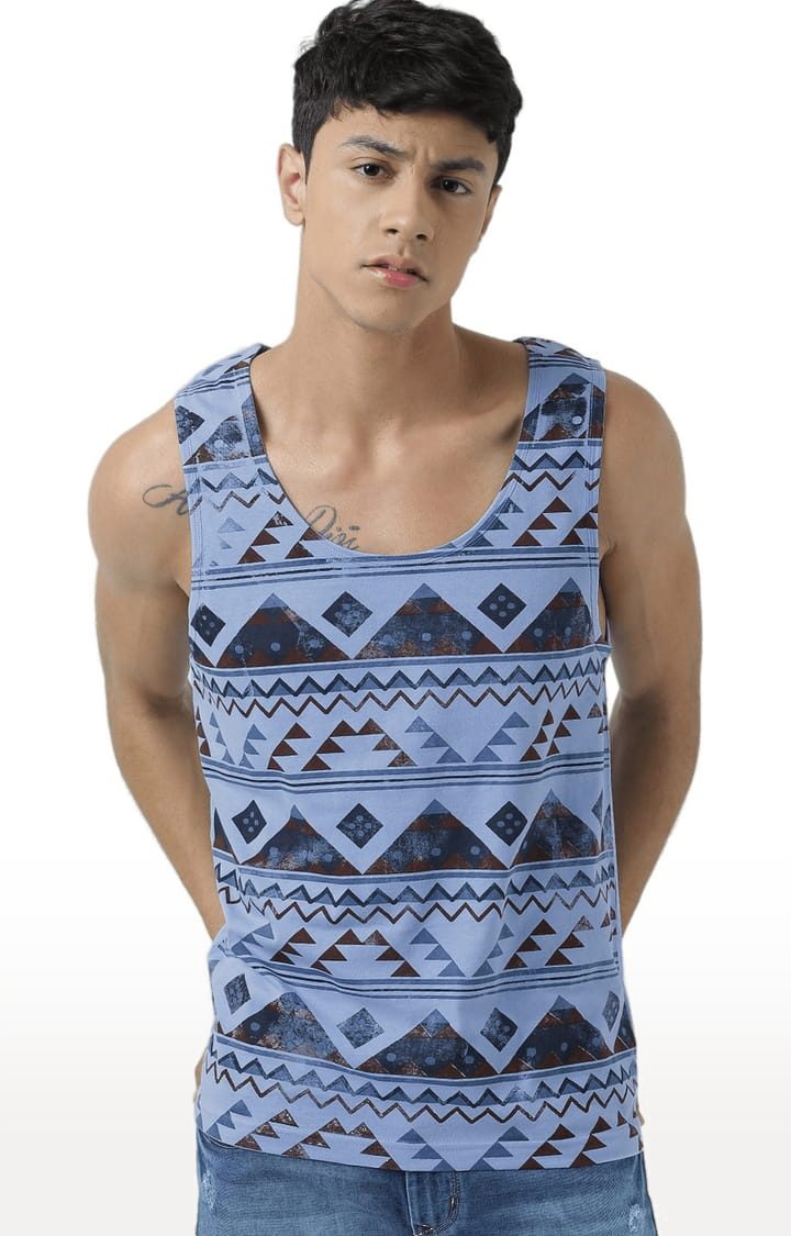Men's Light Blue Cotton Printed Vest