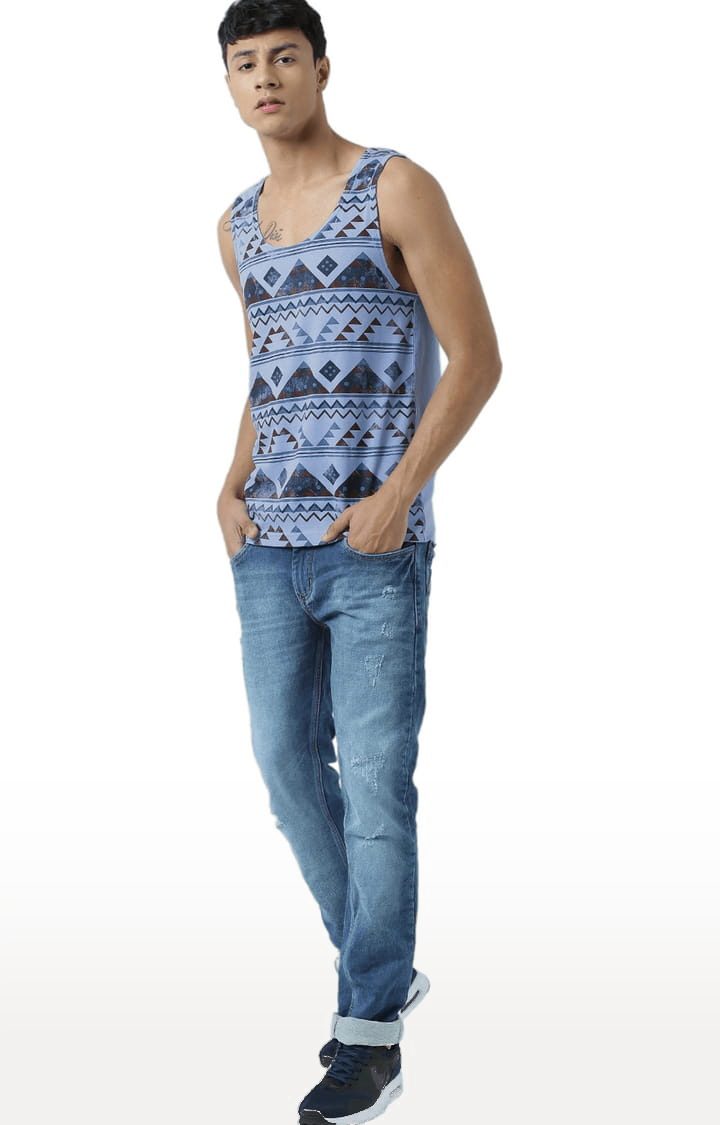 Men's Light Blue Cotton Printed Vest