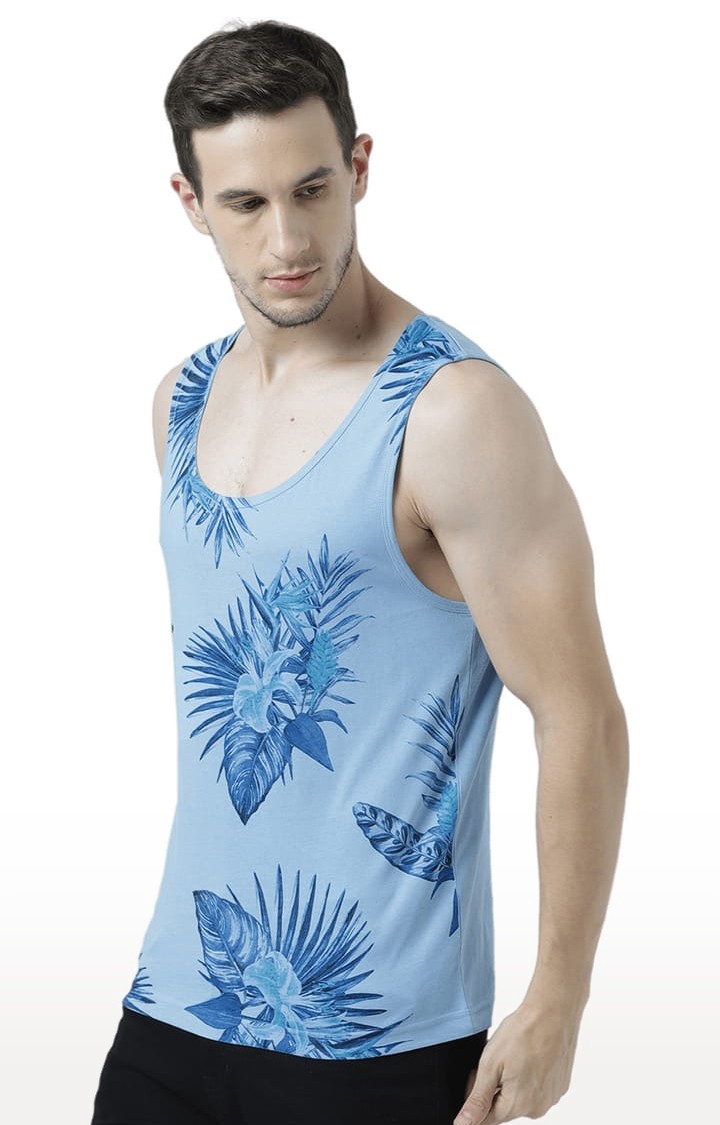 Men's Light Blue Cotton Printed Vest