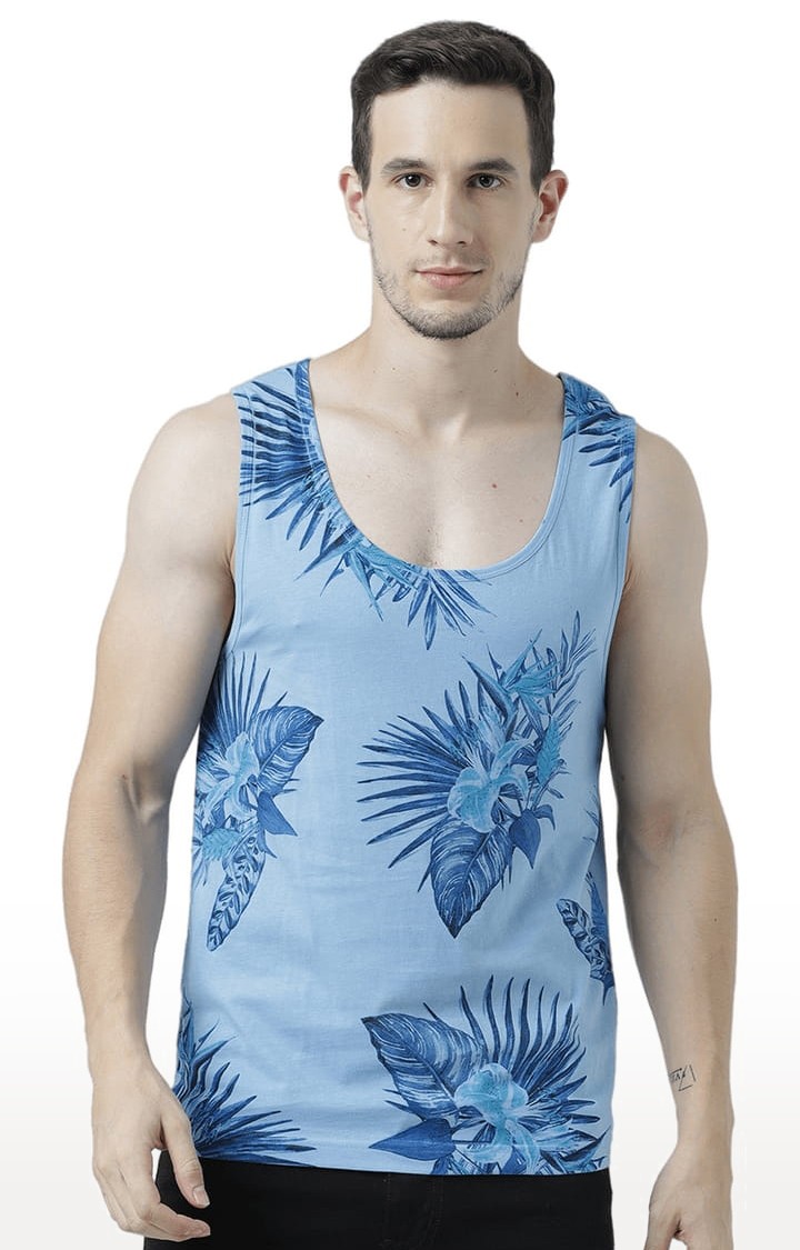 Men's Light Blue Cotton Printed Vest