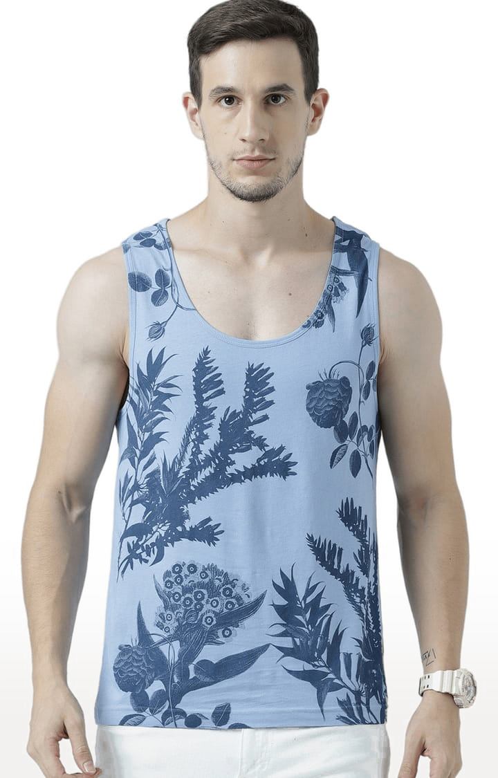 Men's Light Blue Cotton Printed Vest