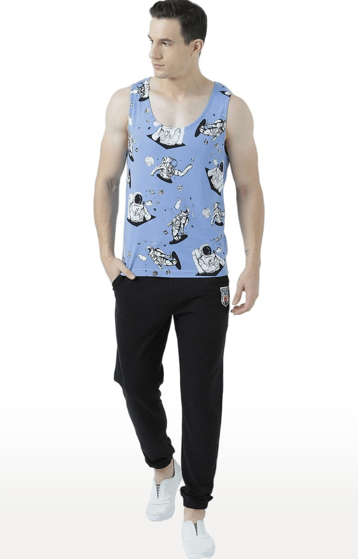 Men's Light Blue Cotton Printed Vest