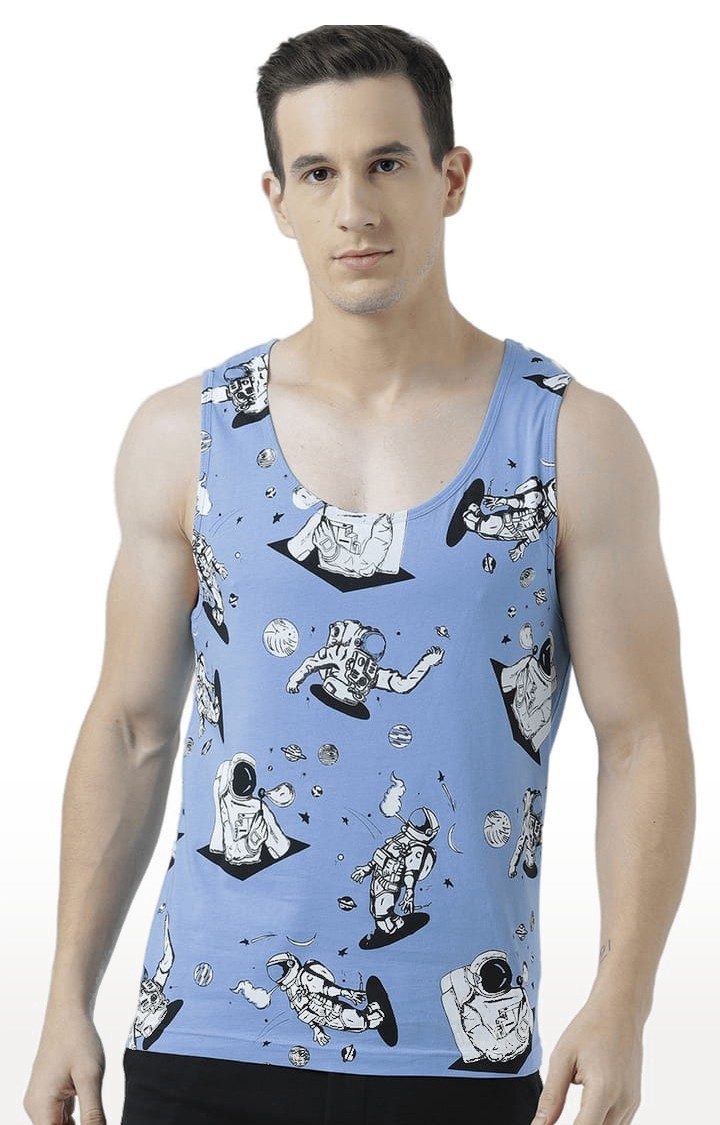 Men's Light Blue Cotton Printed Vest