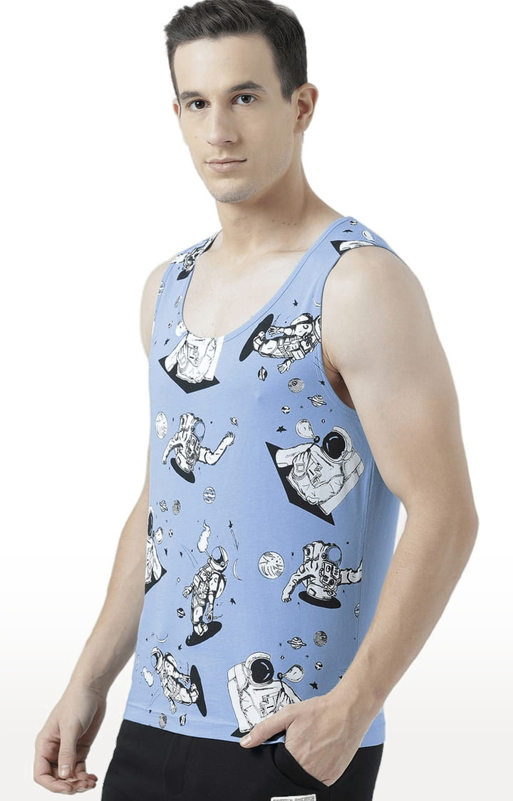 Men's Light Blue Cotton Printed Vest