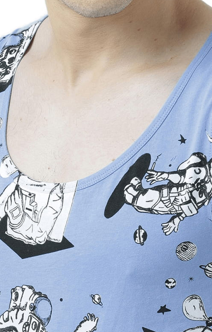 Men's Light Blue Cotton Printed Vest